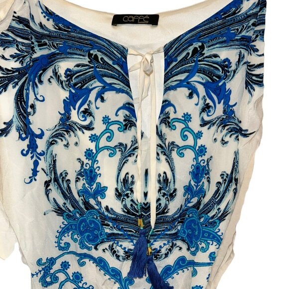 Caffe SWIM 100% SILK indigo blue flutter cold shoulder sleeve tunic COVER top S - Picture 4 of 6